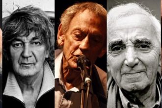Collage de photo de plusieurs artistes de musique française Gilles Vigneault, Jacques Higelin, Graeme Allwright, Charles Aznavour, Johnny Hallyday (photos DR)