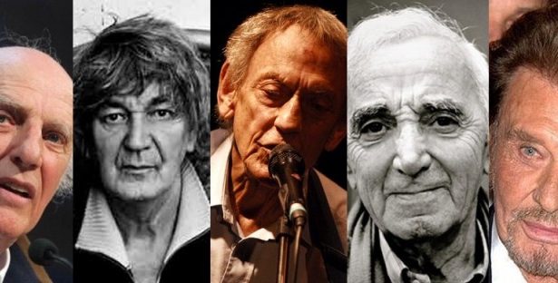 Collage de photo de plusieurs artistes de musique française Gilles Vigneault, Jacques Higelin, Graeme Allwright, Charles Aznavour, Johnny Hallyday (photos DR)