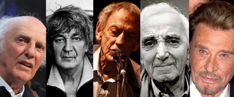 Collage de photo de plusieurs artistes de musique française Gilles Vigneault, Jacques Higelin, Graeme Allwright, Charles Aznavour, Johnny Hallyday (photos DR)